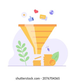 Marketing funnel earning money and generating leads. Increasing rates with sales funnel. Concept of monetization, earn money online, lead generation. Vector illustration in flat for web UI design