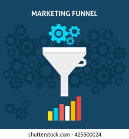 Marketing Funnel Flat Style Concept. Vector Illustration of Data Filter. Big Data Analysis. 