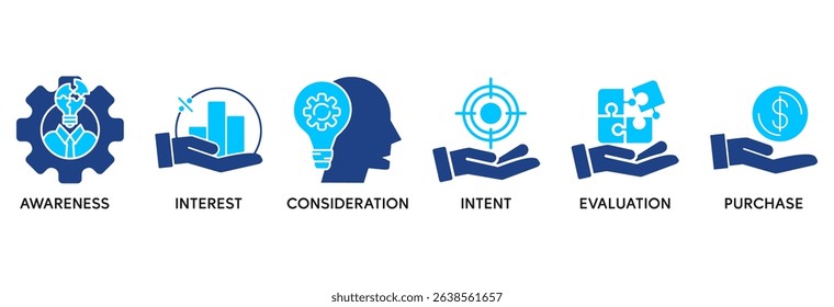 Marketing funnel icon set vector illustration concept relate to awareness, interest, consideration, intent, evaluation and purchase
