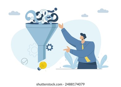 Marketing funnel problems, Mobilizing diverse problems and filtering them into ideas to solve or develop the business, Businessman uses sales barrier filter to guide customer. Sales of leader.