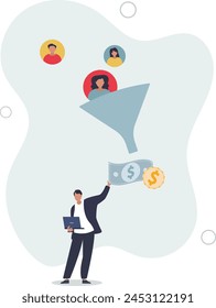 marketing funnel to pull potential customer and convert to sales.advertising analysis .flat vector illustration.