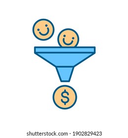 Marketing Funnel RGB Color Icon. Business Investment Strategy. Leads, Likes Conversion Into Sales. Finance And Economy. Financial Development. Gain Income. Isolated Vector Illustration