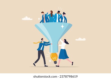 Marketing funnel or sales conversion, people or employee management, meeting brainstorm for new idea, customer purchase pipeline concept, people in sales and marketing funnel with lightbulb outcome.