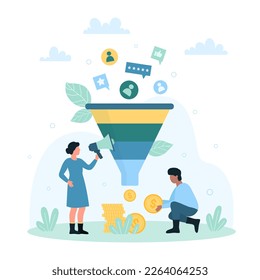Marketing-Trichter, Verkaufserstellung und Konvertierung Prozess Vektorgrafik. Cartoon winzige Menschen arbeiten an Kunden fließen, positive Rückmeldung von Käufen mit Megaphon in Werbekampagne