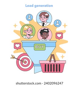 Marketing Funnel set. Targeted consumer group flowing into sales funnel. Purchase conversion strategy. Prospective buyers' interest captured. Flat vector illustration