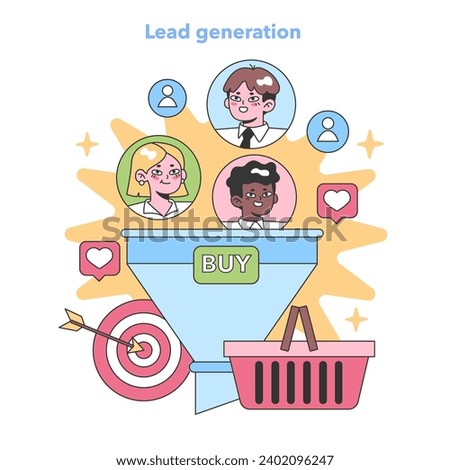 Marketing Funnel set. Targeted consumer group flowing into sales funnel. Purchase conversion strategy. Prospective buyers' interest captured. Flat vector illustration