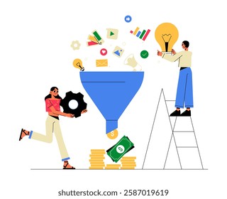 Marketing Funnel With Two Characters Optimizing Conversions Symbolizing Digital Advertising And Sales, Flat Vector, Isolated