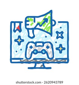 Vector de boceto de icono de doodle de desarrollo de juegos de marketing. signo de desarrollo de juegos de marketing. ilustración de símbolo aislado