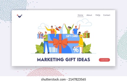 Marketing Gift Ideas Landing Page Template. Characters Buying Things and Presents for Holidays Using Gift Certificate or Discount Coupon, People Shopping and Consumerism. Cartoon Vector Illustration