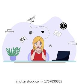 A marketing girl is sitting at a table. Digital marketing concept. Modern profession. Line art. Female multitasking skill concept. Freelance worker busy.  Woman at home in quarantine. Vector