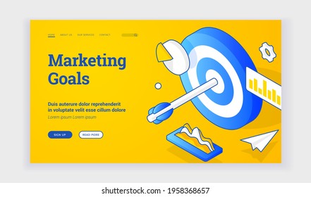 Marketing goals. Vector isometric illustration of target with arrow amidst charts representing marketing goals achievement on web banner. Isometric web banner, landing page template