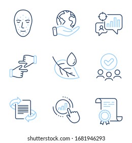 Marketing, Graph chart and Click hands line icons set. Diploma certificate, save planet, group of people. Seo statistics, Face biometrics and Leaf dew signs. Article, Get report, Direction. Vector