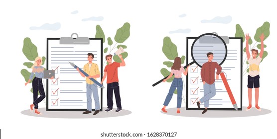 Marketing group analyzing clients feedback. Survey form, magnifying glass, team flat vector illustration. Customer satisfaction, analysis, poll concept for banner, website design or landing web page