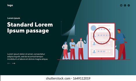 Marketing group analyzing customer satisfaction. Magnifier, product rate, growth chart flat vector illustration. Analysis, feedback, commerce concept for banner, website design or landing web page