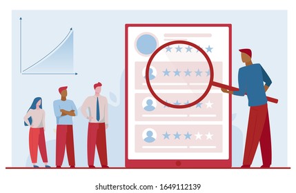 Grupo de marketing que analiza la satisfacción del cliente. Ampliador, tasa de producto, gráfico de crecimiento ilustración vectorial plana. Análisis, retroalimentación, concepto de comercio para banner, diseño de sitio web o página web de inicio