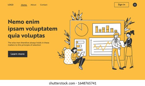 Marketing group presenting reports. Managers analyzing graphs, charts, diagrams flat vector illustration. Business, marketing, analysis concept for banner, website design or landing web page
