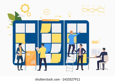Marketing group working on presentation. Scrum meeting, teamwork, task list. Business concept. Vector illustration can be used for presentation slides, landing pages, posters