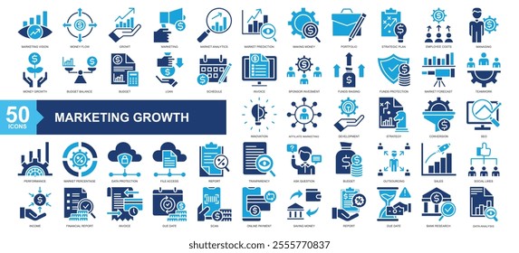 Marketing growth icon collection Glyph Color Style.marketing vision, money flow, profit, marketing, market analytics, market prediction, financial report