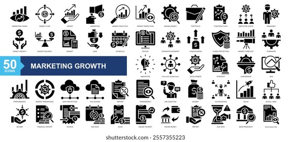 Marketing growth icon collection Glyph Style.marketing vision, money flow, profit, marketing, market analytics, market prediction, financial report