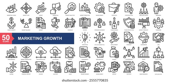 Marketing growth icon collection line Style.marketing vision, money flow, profit, marketing, market analytics, market prediction, financial report