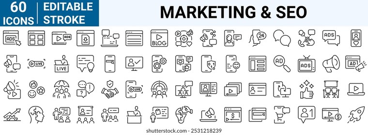 Conjunto de iconos de Web de línea de crecimiento de marketing. Iconos de marketing para empresas. Comunicación, publicidad, comercio electrónico, SEO, contenido, producto, público objetivo, Sitio web, redes sociales y más