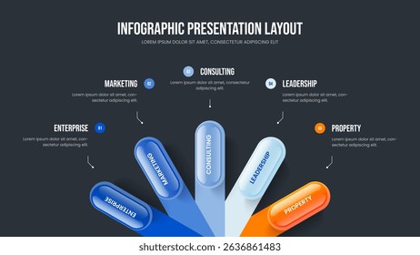 Marketing Growth Presentation Design Vector Illustration. Sales Proposal 5 Option Infographic Frame Layout. Business Report Five Element Diagram Slideshow Template.