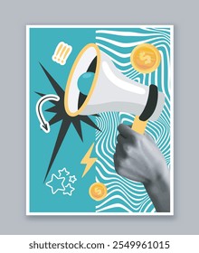 Marketing hand poster. Hand with loudspeaker. Internet advertising and company promotion, online marketing. Cover or banner. Flat vector illustration isolated on grey background