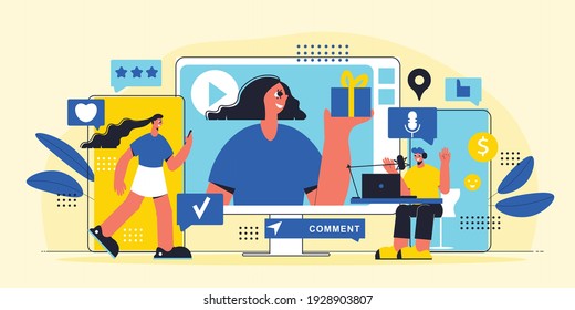 Marketing horizontal poster with influencers representing and promoting goods throw personal web channels vector illustration