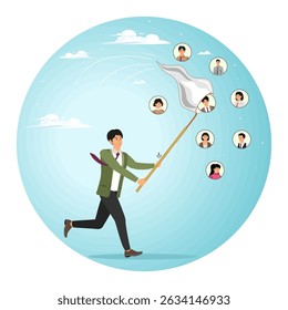 Marketing or hr human resources hiring new employees, leads generation or prospect concept. Businessman with butterfly net catching customers.