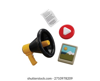 Marketing-Symbol 3D-Rendering-Konzept Megaphon mit Bild mit Papier Social Media Promotion-Symbol Vektorgrafik