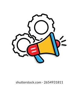 Marketing icon. Automated marketing. two Gears with megaphone. Product, promotion, market. Mixed design style.