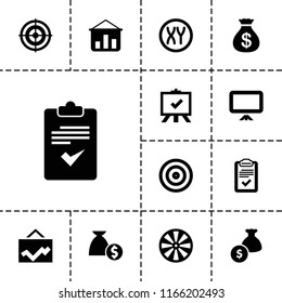 Marketing icon. collection of 13 marketing filled icons such as money sack, board, dart, clipboard, graph on board, target. editable marketing icons for web and mobile.