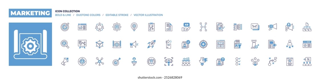 Marketing icon collection. Bold line style. Duotone colors. Editable stroke. advertising, consumer, strategy, business report, rocket, customer, idea, new product, observation.