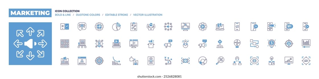 Marketing icon collection. Bold line style. Duotone colors. Editable stroke. marketing, viral marketing, megaphone, making friends, poster, strategy, vision, logotype, graphic.