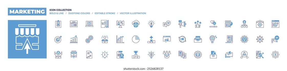 Marketing icon collection. Bold line style. Duotone colors. Editable stroke. position, campaign, retargeting, creativity, acquisition, engagement, megaphone, brochure, idea.