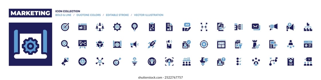 Icono de marketing colección. Estilo audaz. Duotone colores. objetivo, campaña, marketing Afiliada, investigación de mercado, red, megáfono, estrategia, enfoque, conexión.