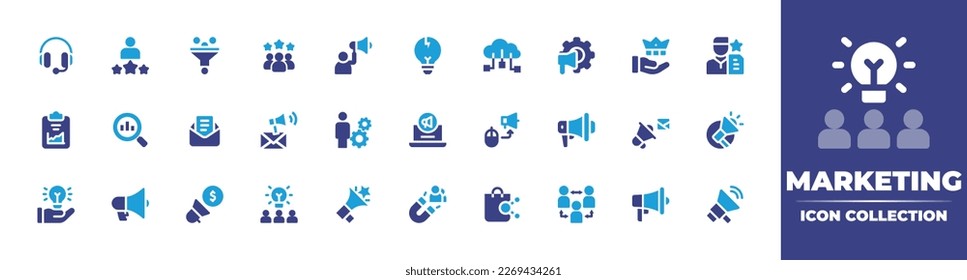 Colección de iconos de marketing. Color de duotona. Ilustración vectorial. Conteniendo auriculares, mejor empleado, embudo, revisión del cliente, marketing, idea, computación en nube, corona, revisión, informe, estadísticas.