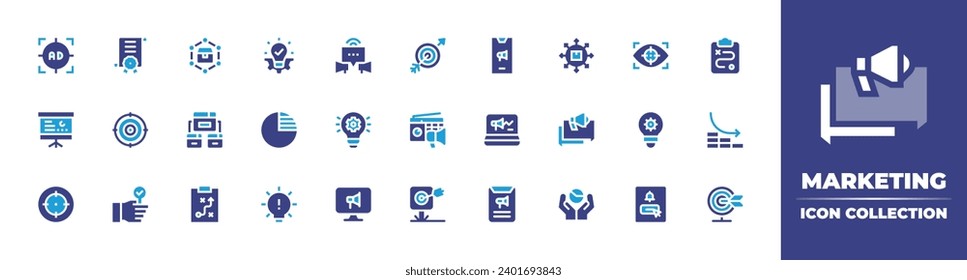 Marketing icon collection. Duotone color. Vector and transparent illustration. Containing pr, development, digital marketing, smartphone, online advertising, envelope, idea, pie chart, supply chain.