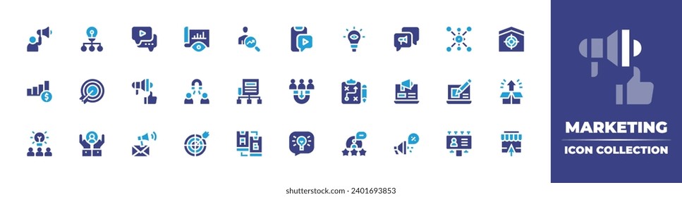 Marketing icon collection. Duotone color. Vector and transparent illustration. Containing marketing, paid, brainstorming, digital marketing, ethical marketing, email, audience, content plan.