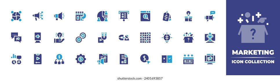 Marketing icon collection. Duotone color. Vector and transparent illustration. Containing megaphone, hand, budget, pie chart, marketing, social marketing, video marketing, cost per click, heatmap.