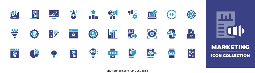 Marketing icon collection. Duotone color. Vector and transparent illustration. Containing campaign, content, digital marketing, advertising, network, filter, phones, promotion, ads, usp, increase.