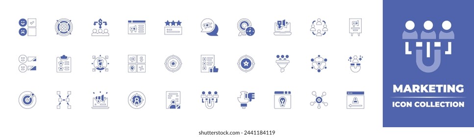Marketing icon collection. Duotone style line stroke and bold. Vector illustration. Containing campaign, affiliate marketing, marketing mix, network, focus, connection, cost per acquisition.