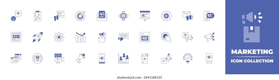 Marketing icon collection. Duotone style line stroke and bold. Vector illustration. Containing target, email, stock market, marketing, megaphone, idea, mobile marketing, social.