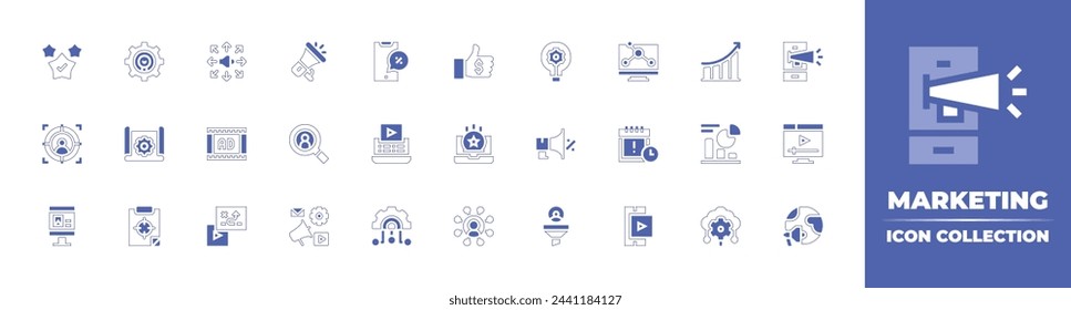 Marketing icon collection. Duotone style line stroke and bold. Vector illustration. Containing megaphone, performance, market research, data report, digital marketing, cloud computing, marketing.