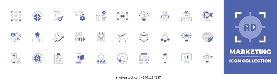 Marketing icon collection. Duotone style line stroke and bold. Vector illustration. Containing campaign, pr, content, development, digital marketing, strategy, trendy, customer satisfaction, traffic.