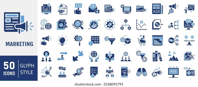 Conjunto de Coleções de Ícones de Marketing. Contendo cliente, comunidade, marketing de vídeo, estratégia. Ilustração simples de vetor plano.