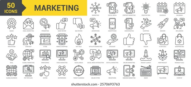 Marketing icon collection set. Containing social media, content marketing, badge, reputation, deal, email marketing, promotion, good review, bad review, advertising, influence icon. Simple line vector