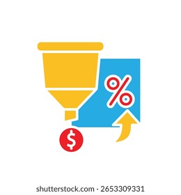 Marketing icon. Conversion Rate Optimization. Marketing funnel arrow rising from percentage. Product, promotion, market. Flat design style.
