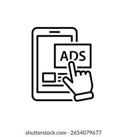 Marketing icon. Mobile Marketing. Mobile phone with ads and hand symbols. Product, promotion, market. Outline design style.