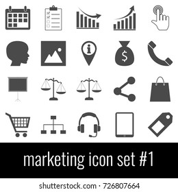 Marketing. Icon set 1. Gray icons on white background.